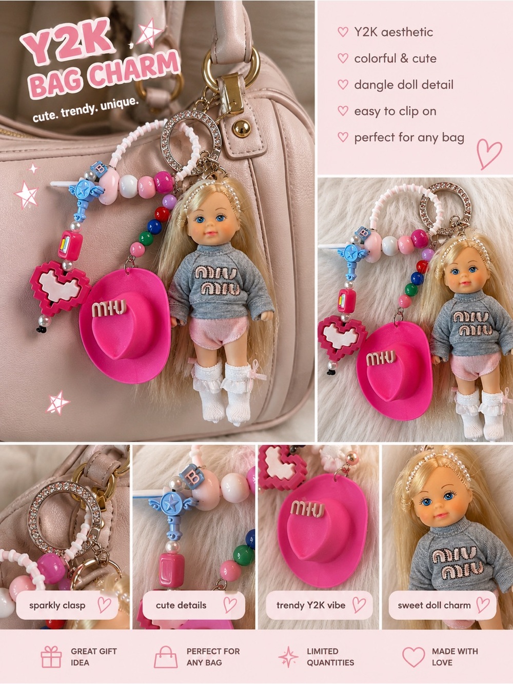 Y2K Pink Baby Barbie Bag Charm Keychain with Beaded Strap
